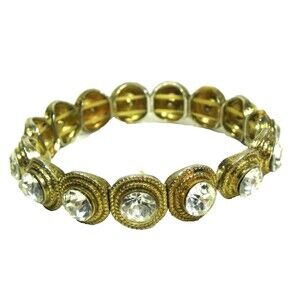 Large Rhinestone Stretch Bracelet Bronze Tone Textured Round Circle
